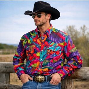 Vintage Roper Lone Roo Mens Button Down Shirt Medium Western Floral Long Sleeve